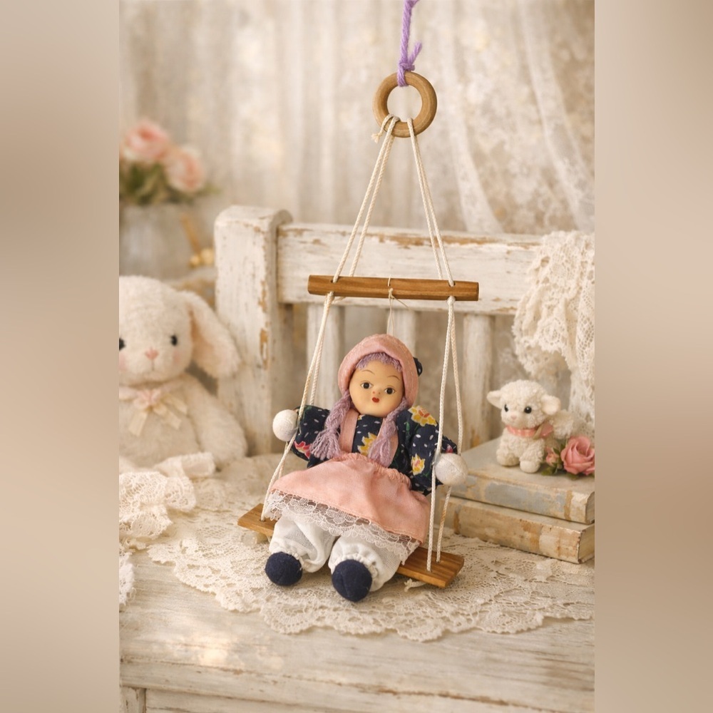 Vintage Style Hanging Doll on Wooden Swing โ Cottagecore Nursery Wall Decor